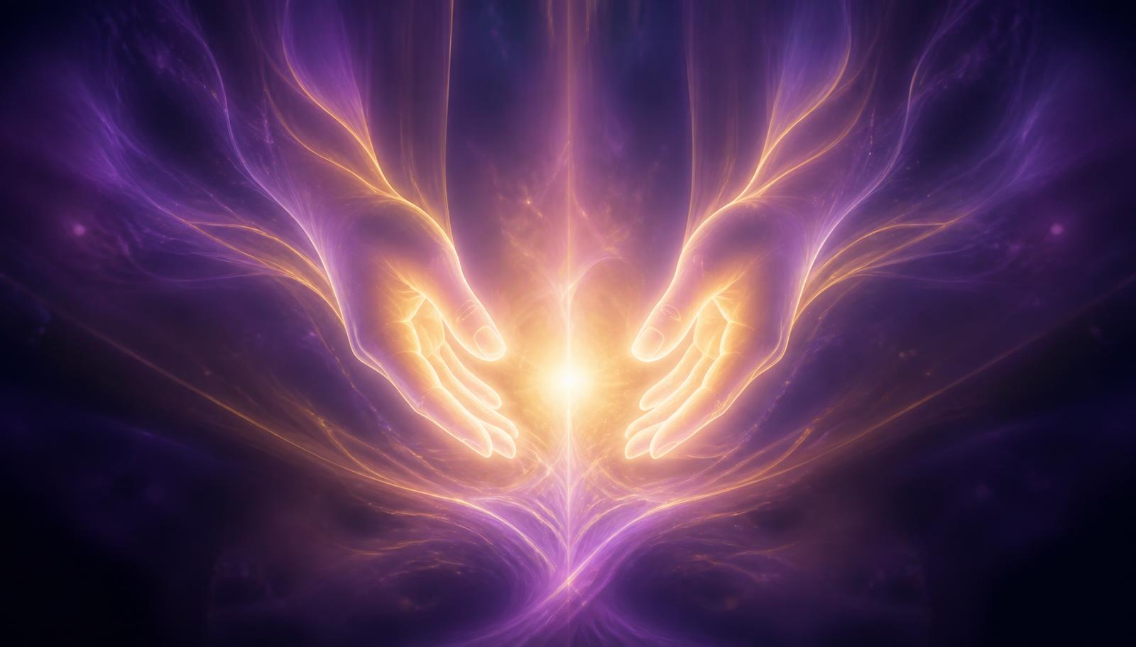 Glowing hands channelling violet and gold healing energy