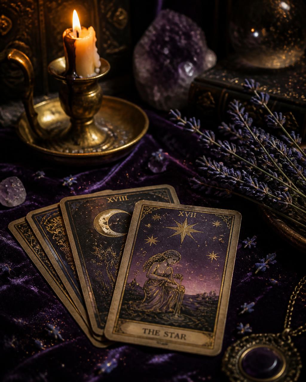 Tarot cards fanned on purple velvet beside a candle and crystals